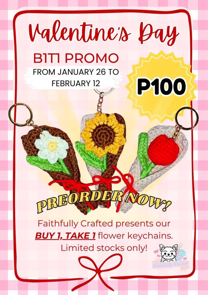 Bloom with style at Faithfully Crafted! 
Get our adorable flowery keychains and pick ANY 2 designs 🩷
🌹 Tulip 
🌼 Daisy 
🌻 Sunflower

Perfect for couples, for friends, and for family!